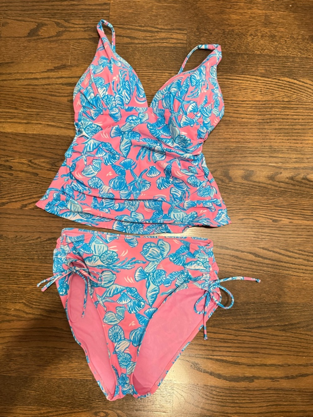NWOT Stella Parker Tropical Tankini Set M Blue Pink Two Piece Vacation Resort - Picture 3 of 11